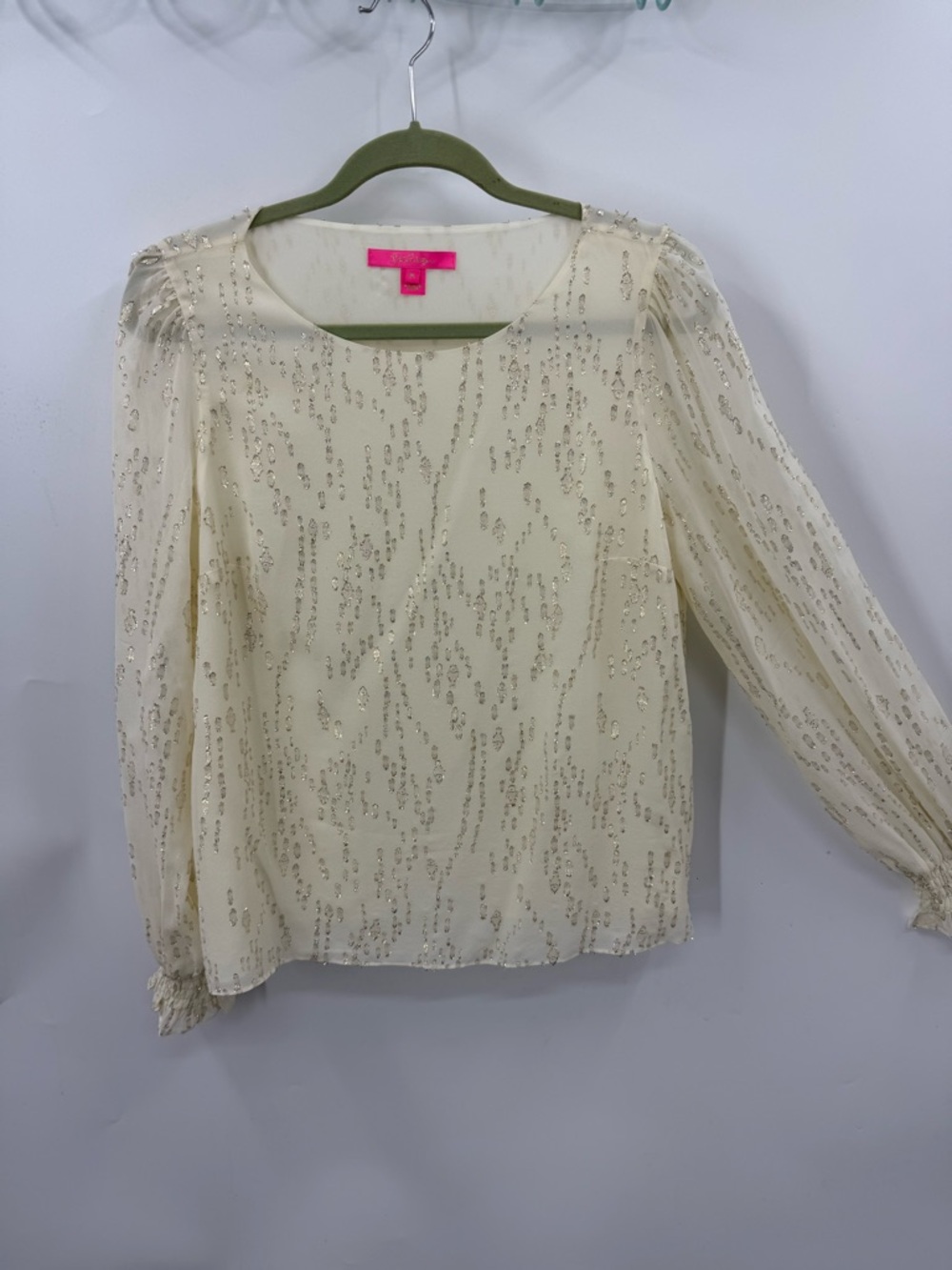 Lilly Pulitzer Idina metallic fish Long Sleeve Silk in the color Coconut top  M